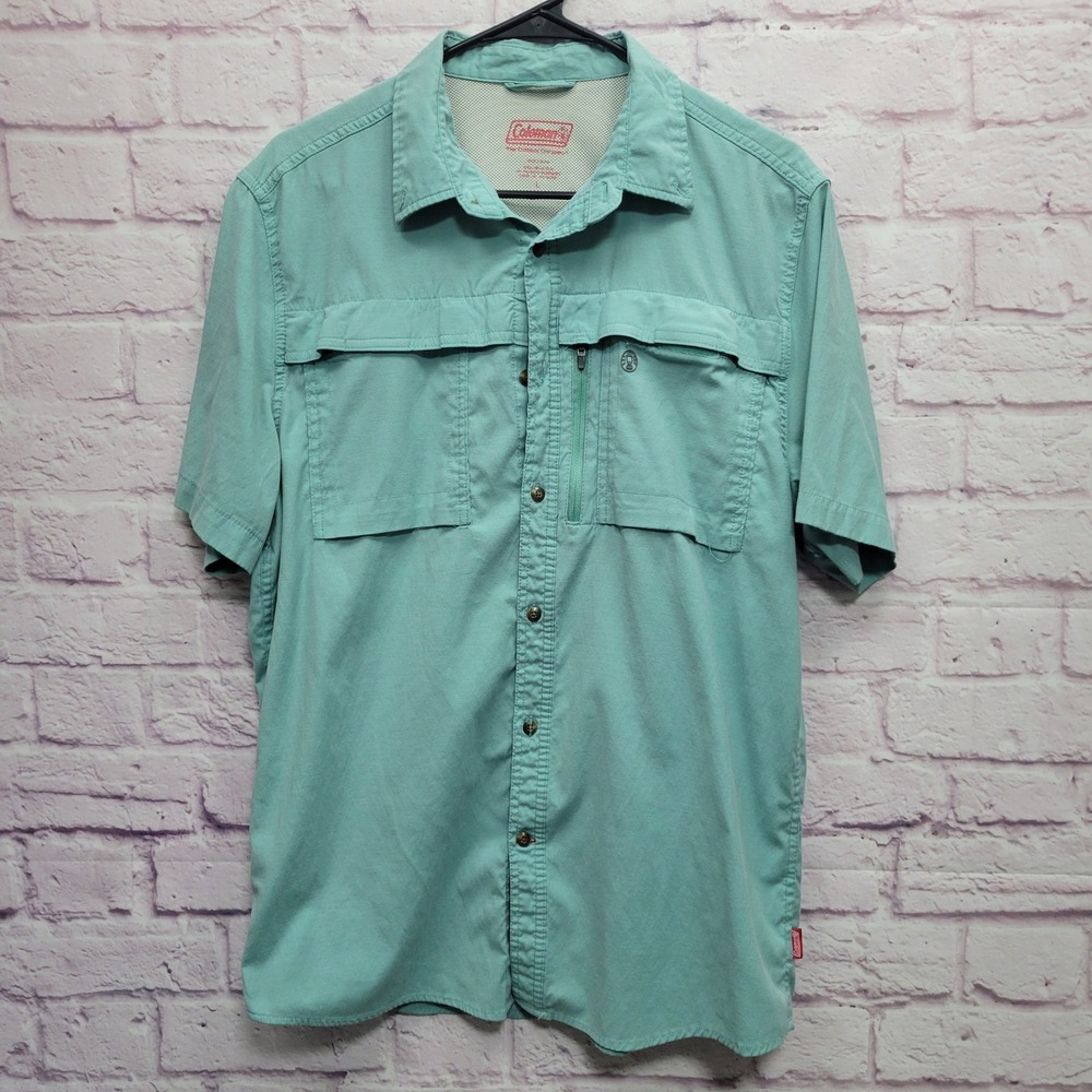 Coleman‎ Button Down Fishing Shirt Mens L Teal Blue Gorp Hiking Outdoor Utility